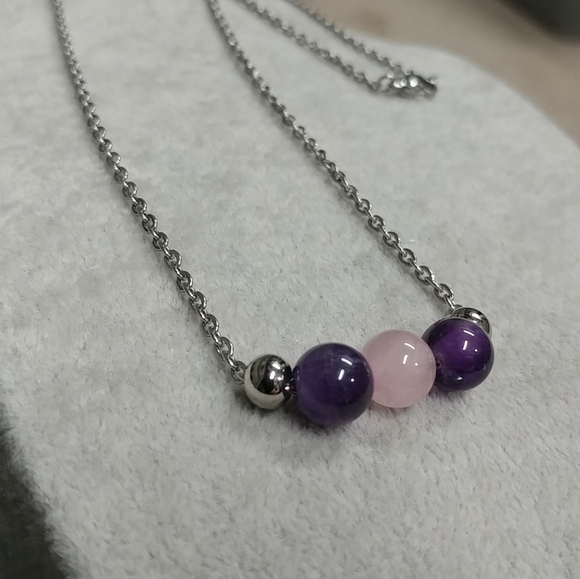 Amethyst Rose Quartz Three Bead Necklace Natural Gemstone Crystal StainlessSteel - Picture 10 of 12